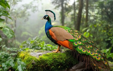 Naklejka premium A stunning peacock with brilliant plumage stands on a moss-covered rock in a lush, misty forest, its colorful feathers creating a dazzling display against the green backdrop