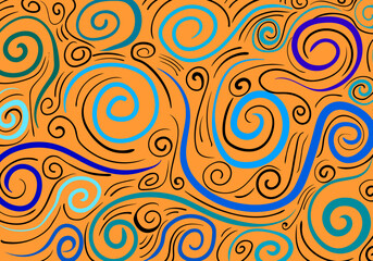 abstract pattern on a light brown background, featuring a mix of organic and geometric shapes, spirals, wavy lines
