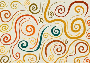 abstract pattern on a light brown background, featuring a mix of organic and geometric shapes, spirals, wavy lines