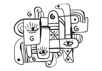 This highly expressive and somewhat chaotic abstract line drawing features multiple faces and eyes