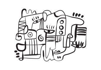This highly expressive and somewhat chaotic abstract line drawing features multiple faces and eyes