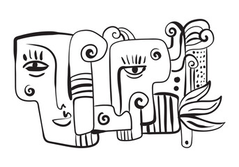This highly expressive and somewhat chaotic abstract line drawing features multiple faces and eyes