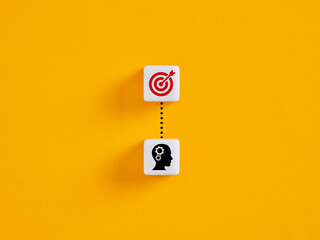 Connecting human mind with business target using dotted line on yellow background
