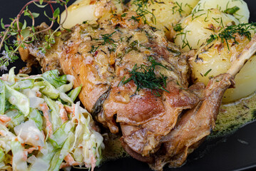 królik, śmietana, zioła, jedzenie, obiad, posiłek, sałata, dania, jarzyna, delikatesowy, lunch, przepyszny