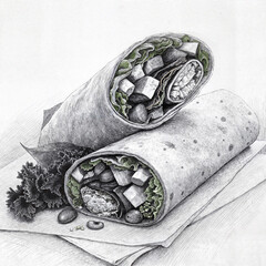Hand-drawn wrap with lettuce and vegetables in black and white pencil style for healthy eating concepts


