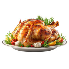 Roasted turkey garnished with herbs, garlic, tomatoes, and lemon slices on a plate isolated on transparent background