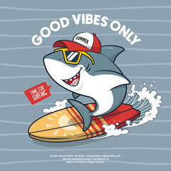 Cool Surfer Shark On Big Wave, Cartoon Illustration