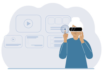 A woman wearing a virtual reality headset studies, works, plays and works. Vector flat illustration