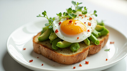  Avocado toast with poached egg and microgreens on a white ceramic plate