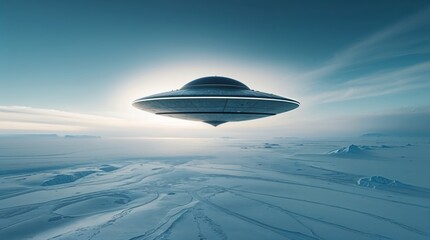 A sleek, futuristic UFO hovers over a vast, frozen landscape under a bright sky.