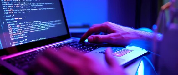 Typing Code On Laptop in Neon Light, Software Development Concept - Powered by Adobe