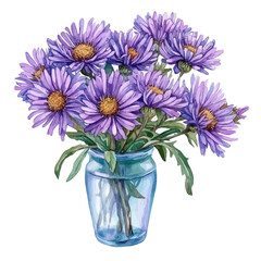 Obraz premium A Alpine Aster In A Vase, watercolor clipart vector, isolated on a white background.