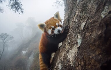 A charming red panda clings to a tree trunk in a misty forest, its distinctive fur and mask visible as it peers at the camera with wide, inquisitive eyes