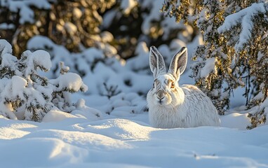 A white Arctic hare sits alert in a snow-covered winter forest, its long ears perked up and surrounded by snow-laden evergreen branches catching golden sunlight