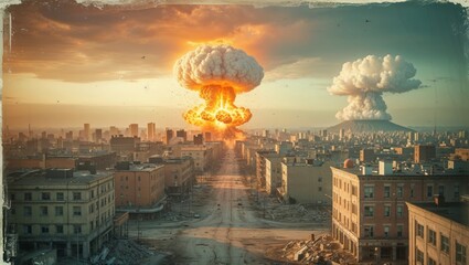 Epic depiction of nuclear explosions over a city, creating an apocalyptic scene of devastation.