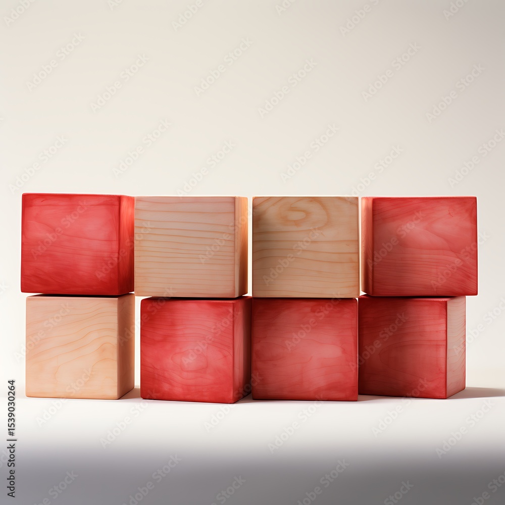 Poster stacked wooden cubes: minimalist design with natural wood grain and a touch of color, creating a har