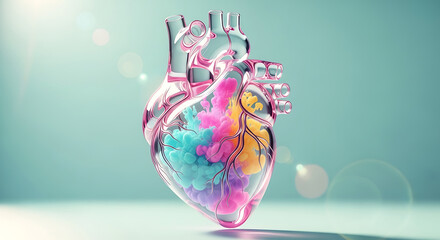 Vibrant Colorful Heart A 3D Render of a Glass Human Heart Filled with Ink