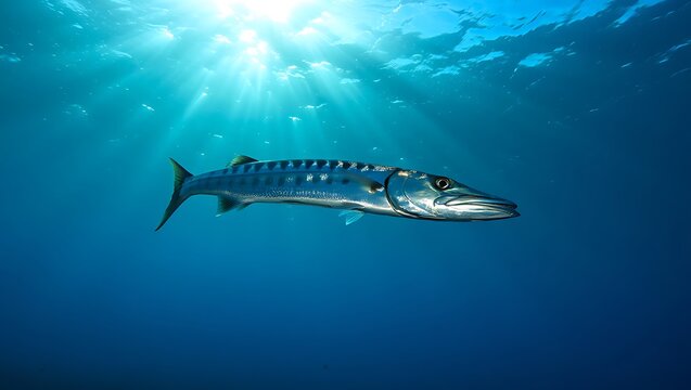 Barracuda swimming in the ocean with sun rays shining through the water above the surface of the sea