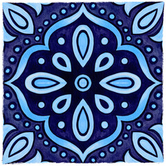 Blue Portuguese Azulejo Watercolor Tile, Hand Drawn Floral Border Geometric Mosaic, Traditional Italian, Spanish Mediterranean Ornament, Ceramic Tiles Wedding Print, Wallpaper Pattern Mexican Talavera