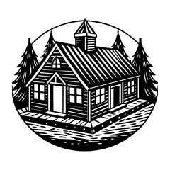 Cabin in the woods vector illustration: rustic house surrounded by pine trees black and white design