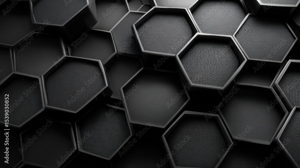 Poster a black and white image of a black hexagon with a black background. the image is abstract and has a 