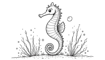 Whimsical Seahorse Outline Illustration for Coloring and Crafts, A doodle sketch of a seahorse in black line, illustrated in a whimsical style, kids coloring book, created with generative ai