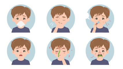 Child showing signs of cold or flu with various symptoms