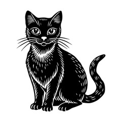 Illustration of a sleek black cat with detailed fur whiskers and tail pet animal feline art drawing