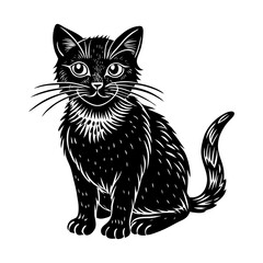 Black cat vector illustration, cute kitten drawing, domestic animal pet, feline art, whiskers design
