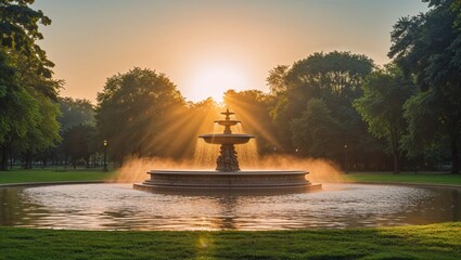 Golden sunrise illuminates a majestic fountain in a serene park setting.