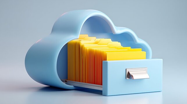 Stylized Cloud Data Storage: Abstract Files in a Filing Cabinet for Organization and Information Management.