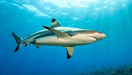 Obraz premium A blacktip reef shark swimming gracefully in the clear blue ocean with sunlight streaming through water
