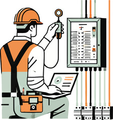 Electrician inspecting electrical panel with a diagnostic tool and a laptop for analysis.