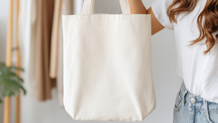 This tote bag is being held in a modern interior, emphasizing its versatility and elegance for everyday use