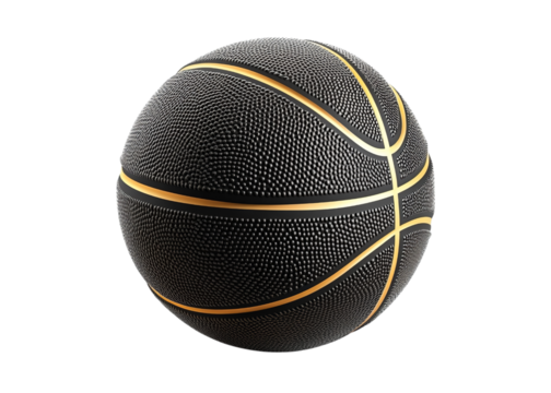 Black basketball with golden lines isolated on a white background, detailed isolated on a transparent background in PNG format.