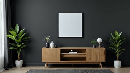 Modern Dark Wall Living Room Interior Design with Wooden Media Console