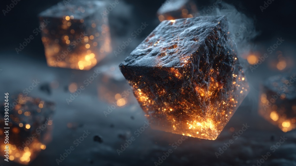 Poster a group of cubes with fire inside them, creating a sense of destruction and chaos. the cubes are sca