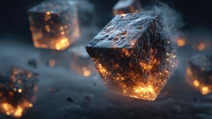 A group of cubes with fire inside them, creating a sense of destruction and chaos. The cubes are scattered throughout the scene, with some closer to the foreground and others further back
