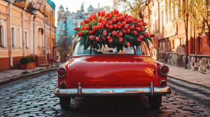 A vintage retro car in vibrant red drives along a cobblestone street, adorned with a large bouquet of tulips, showcasing a lively spring atmosphere