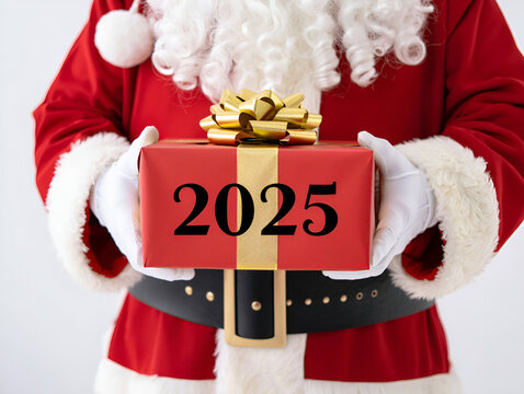 Santa Claus holding a red gift box with a gold ribbon and the number 2025 printed on it a close up image of Santa's hands and torso showing his red suit white gloves and