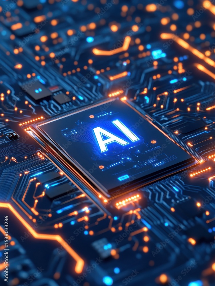 Poster a close-up of an ai chip with the letters 
