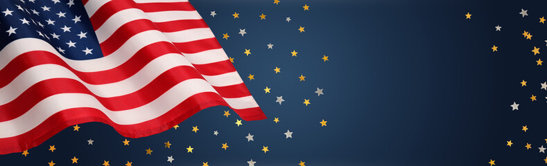 Festive background with USA flag and sparkling stars. Patriotic concept, background for USA national holidays.