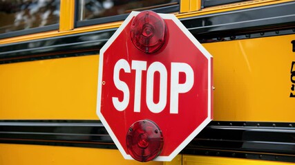 School bus stop sign in close-up mounted on a yellow school bus, highlighting the importance of student safety and transportation awareness during school hours. - Powered by Adobe