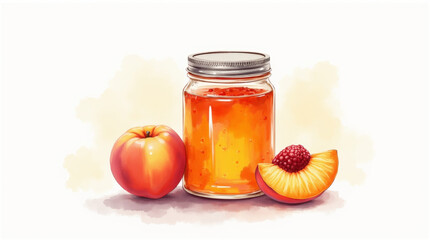 Peach jam in a jar on a white background with yellow spots in a watercolor style
