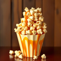 Sweet and crunchy caramel popcorn in a bowl on rustic background