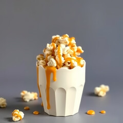 Sweet and crunchy caramel popcorn in a bowl on rustic background