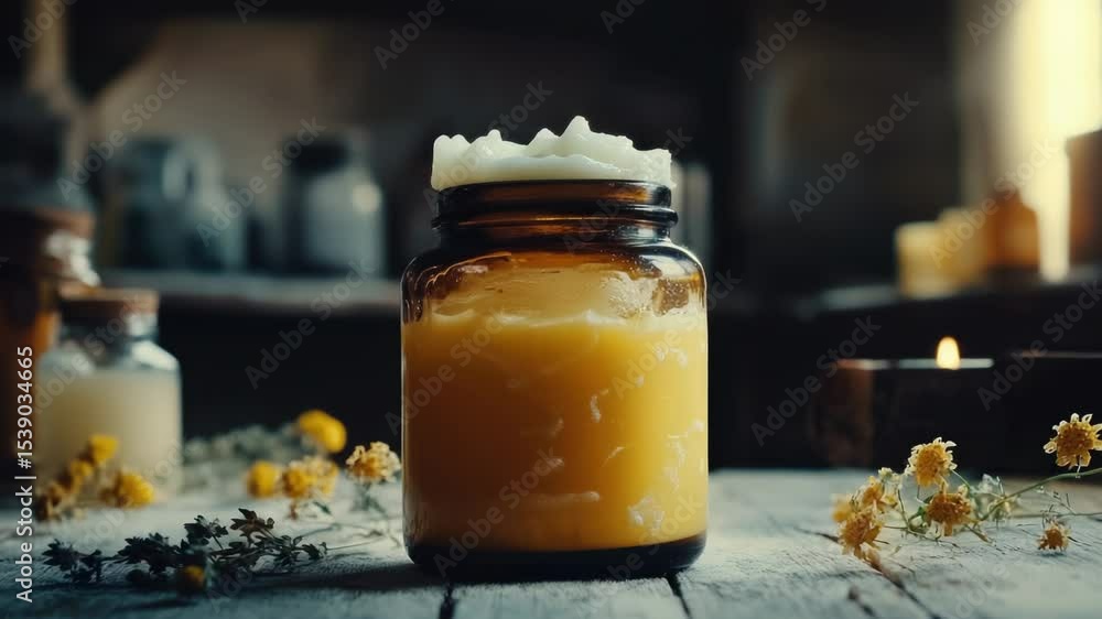 Poster a jar of honey sits on top of a wooden table, ready for use