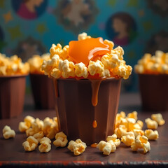 Sweet and crunchy caramel popcorn in a bowl on rustic background