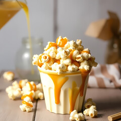 Sweet and crunchy caramel popcorn in a bowl on rustic background