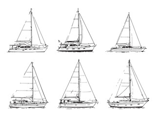 Luxury yacht side view line drawing illustration